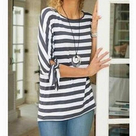 Soft Surroundings Top Womens XS Adrift Striped 1/2 Sleeve Grey/White Blouse Tie - Picture 2 of 7